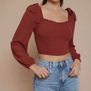 SHEIN Sweetheart Ruffled Shoulders Crop Top in color Rust Brown Size M